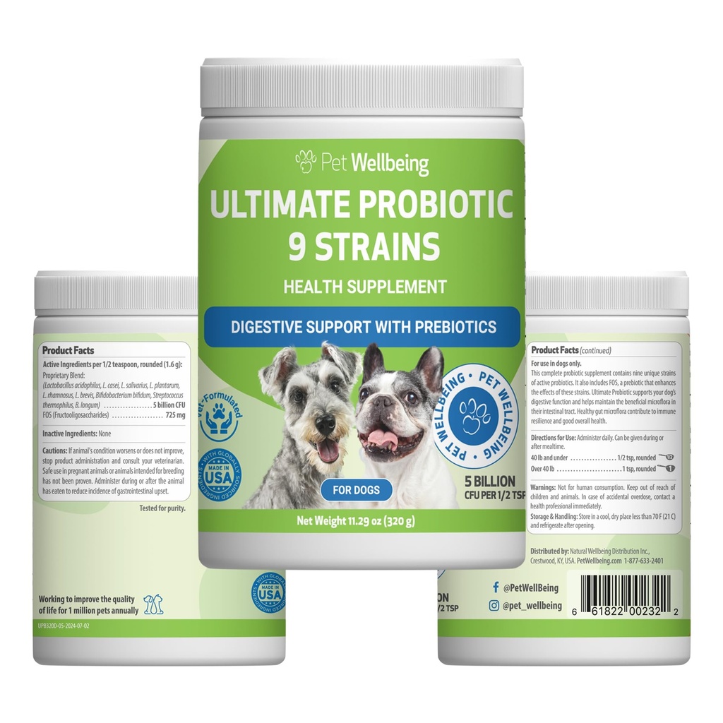 Pet Wellbeing Ultimate Probiotic 9 Strains for Dogs & Cats - Supports the Gut Microbiome and Digestion, Immune System Care, Urinary Tract Health, FOS, 2.5 Billion CFU - 11.29 oz (320 g) Powder