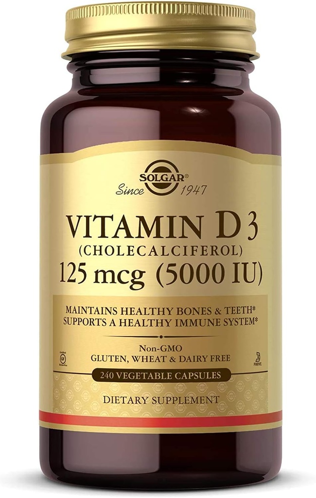 Solgar Vitamin D3 (Χολκαλσιφερόλη) 125 mcg (5000 IU), 240 κάψουλες λαχανικών - Βοηθά στη διατήρηση υγιή οστά & δόντια - Υποστήριξη ανοσοποιητικού συστήματος - Μη-ΓΤΟ, Χωρίς γλουτένη - 240 Σύνολο Σερβίρει