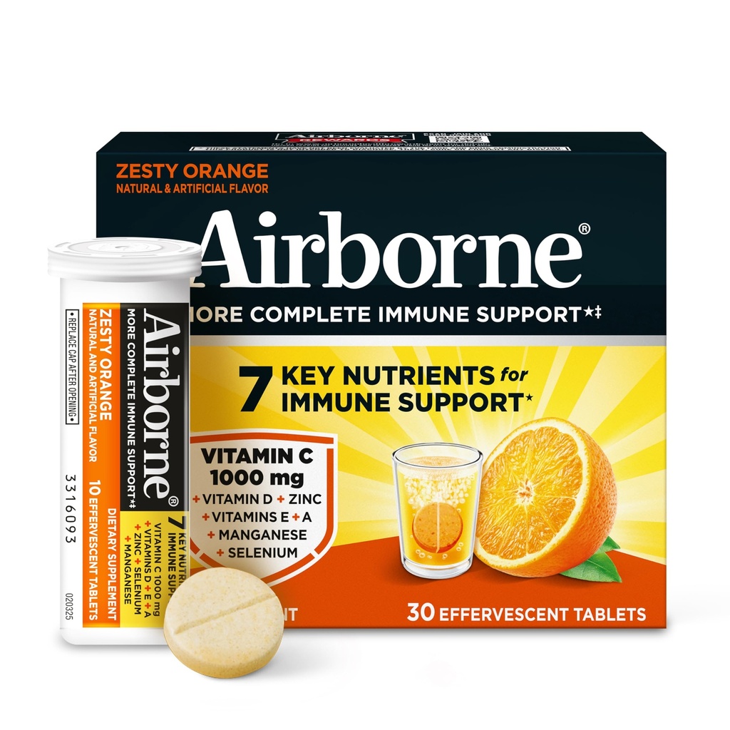 Airborne 1000mg Βιταμίνη C + Ζάχαρη ψευδαργύρου Δωρεάν πολυβιταμίνη Ανοσοποιητική υποστήριξη Αναβράζοντα Fizzy δισκία ποτών, Zesty Πορτοκαλί Γεύση με Ισχυρές Αντιοξειδωτικές Βιταμίνες A C & E, 30 δισκία