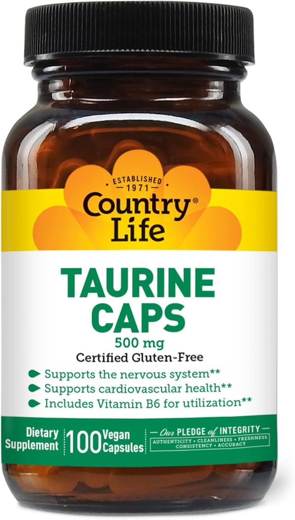 Country Life Taurine Supplement 500mg - Supports Cardiovascular and Nervous System- 100 Capsules