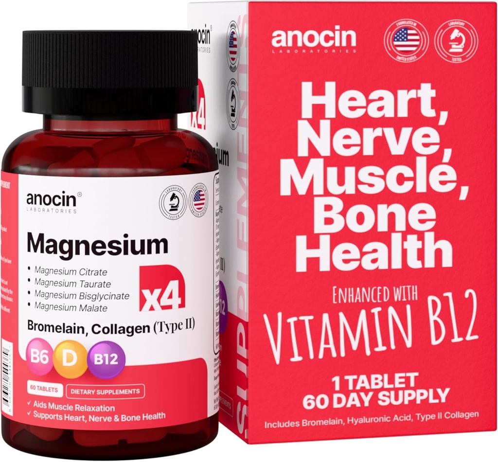 4X Magnesium Complex 200 mg + Magnesium Glycinate + Citrate + B12 High Absorption + Taurate + Malate + Bromelain+Collagen (Type II)+Hyaluronic Acid+Heart, Muscle+Joint Support, 60-Day