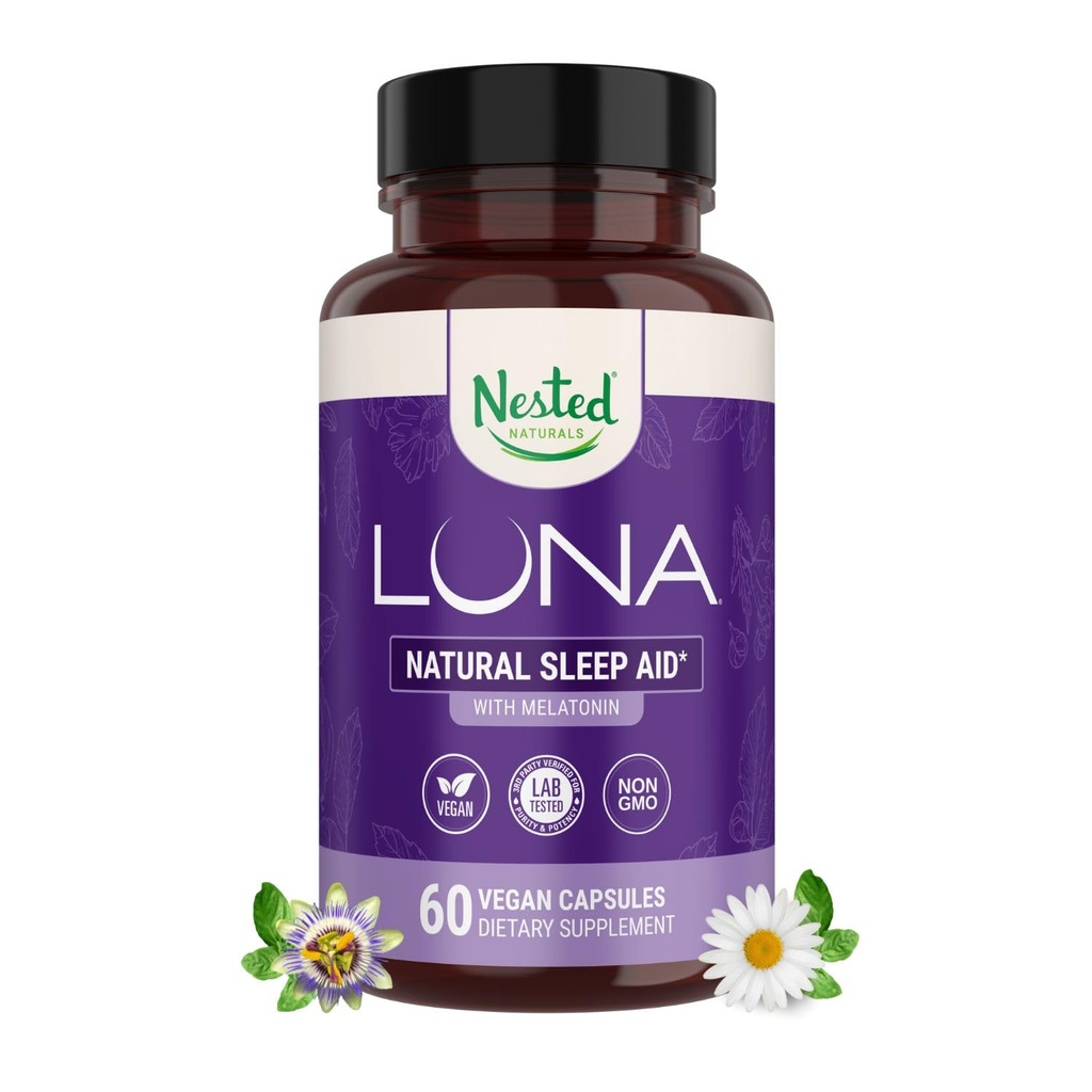 Φωλιασμένα φυσικά Luna Sleep Aid - Non-Habit Forming φυσικά χάπια ύπνου για ενήλικες με φυσικά πηγασμένα συστατικά - βαλεριάνα ρίζα, μελατονίνη, χαμομήλι, λεμόνι βάλσαμο, και περισσότερα - 60 κάψουλες Vegan