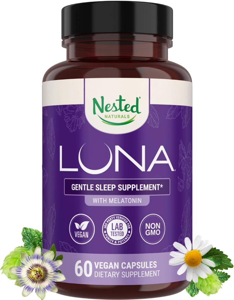 Nested Naturals Luna Sleep Aid - Non-Habit Forming Natural Sleeping Pills for Adults with Naturally Sourced Ingredients - Valerian Root, Melatonin, Chamomile, Lemon Balm, and More - 60 Vegan Capsules