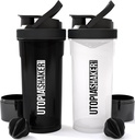Utopia Αρχική Σελίδα Shaker Μπουκάλι 2 Pack - Πλαστική πρωτεΐνη 24 ουγγιά ή cocktail Shaker Μπουκάλι για την προ & Post προπόνηση με Twist & Lock Protein Box Αποθήκευση (All Black & Clear / Μαύρο)