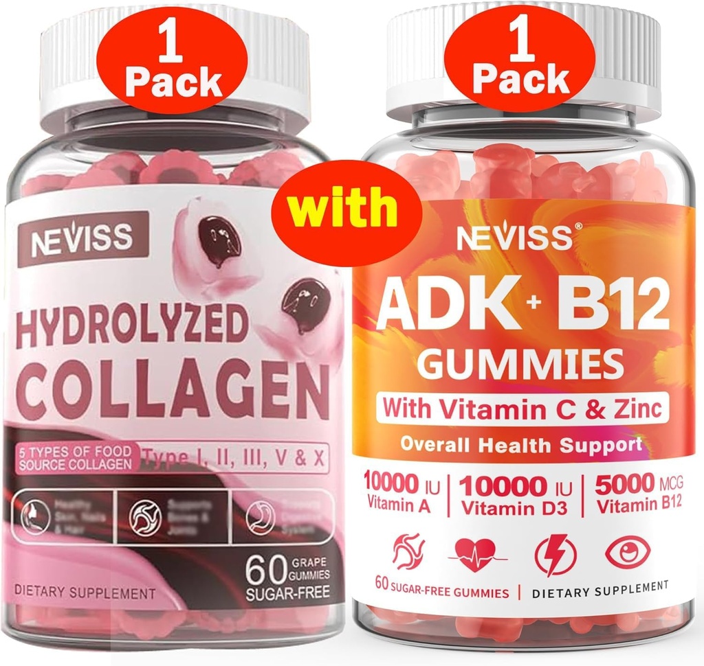 NEVISS 1Pack Υδρολυμένα Κολλαγόνα Gummies + 1Pack Βιταμίνη ADK με B12 Gummies