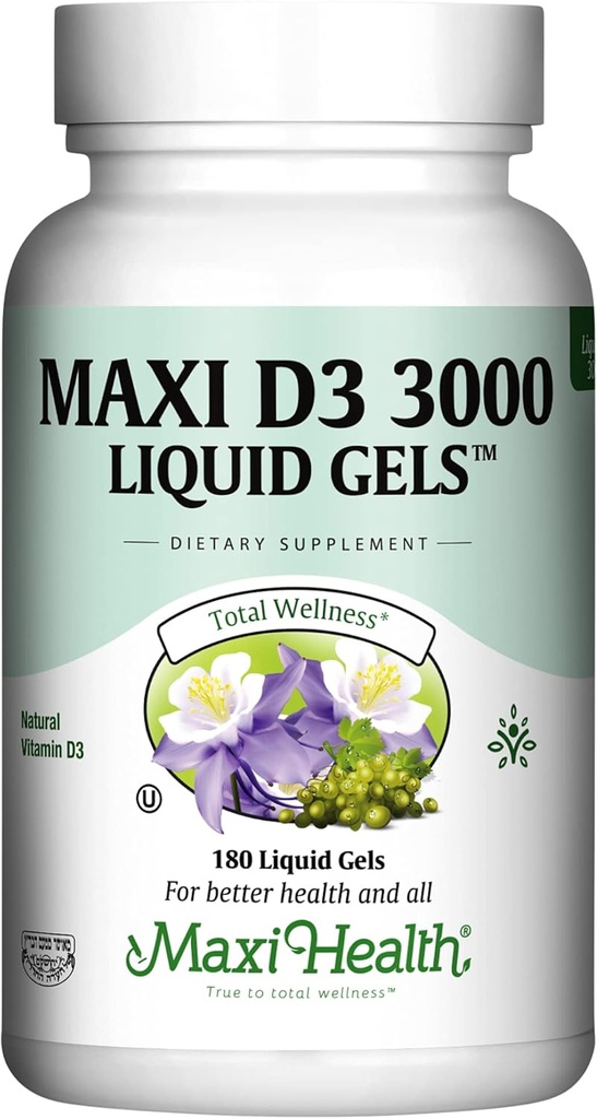 Maxi Health Βιταμίνη D3 3000 IU 75 mcg Συμπλήρωμα βιταμίνης D για υγιή οστά, δόντια, ανοσοποιητική υποστήριξη - συμπλήρωμα VIT D3 εύκολο να καταπιεί μη-GMO, συμπλήρωμα για άνδρες και γυναίκες – Kosher 180 Gels