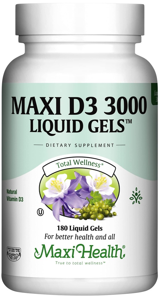 Maxi Health Βιταμίνη D3 3000 IU 75 mcg Συμπλήρωμα βιταμίνης D για υγιή οστά, δόντια, ανοσοποιητική υποστήριξη - συμπλήρωμα VIT D3 εύκολο να καταπιεί μη-GMO, συμπλήρωμα για άνδρες και γυναίκες – Kosher 180 Gels