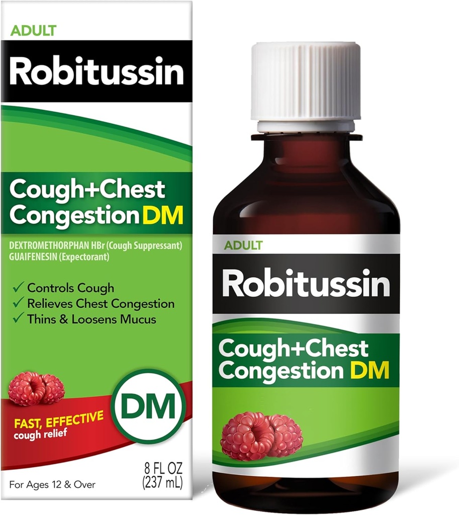 Robitussin Βήχας και Θώρακος Συμφόρηση DM, Βήχας Καταπιεστικό και Προσδοκητικό, Βατόμουρο Γεύση - 8 Fl Oz Μπουκάλι