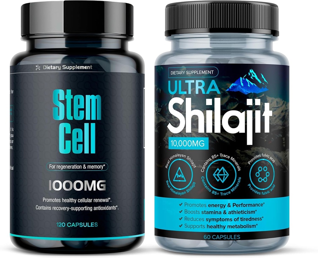 Premium Stem Cell 1,000mg(120Ct) & Shilajit Supplement 10,000mg(60Ct) | Vitality Booster Pack | Boosts Immunity & Energy | Natural Antiaging & Longevity | Spirulina, Chlorella & Mineral Extract (1)