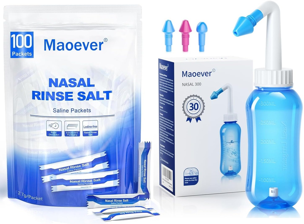 MaOEVER Neti Pot με 130 Nasινικό αλάτι πλυσίματος Packets Sinus ξέπλυμα φιάλης μύτης πλύσης καθαρισμού πίεσης Ξεπλένετε Nasνική άρδευση για ενήλικες & παιδί BPA δωρεάν 300 ML θερμόμετρο αυτοκόλλητο