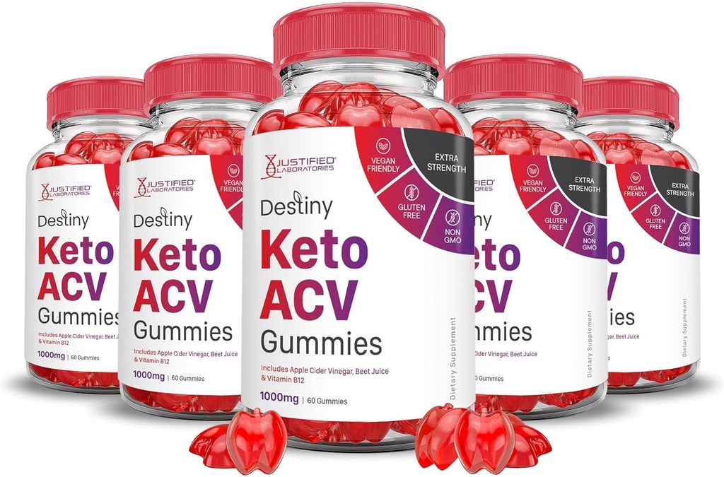 Justified Laboratories (5 Pack Destiny Keto ACV Gummies Advanced Formula 1000MG Destiny Keto Gummies Apple Cider Vinegar Formulated with Pomegranate Beet Juice Powder B12 Vegan Non GMO 300 Gummys
