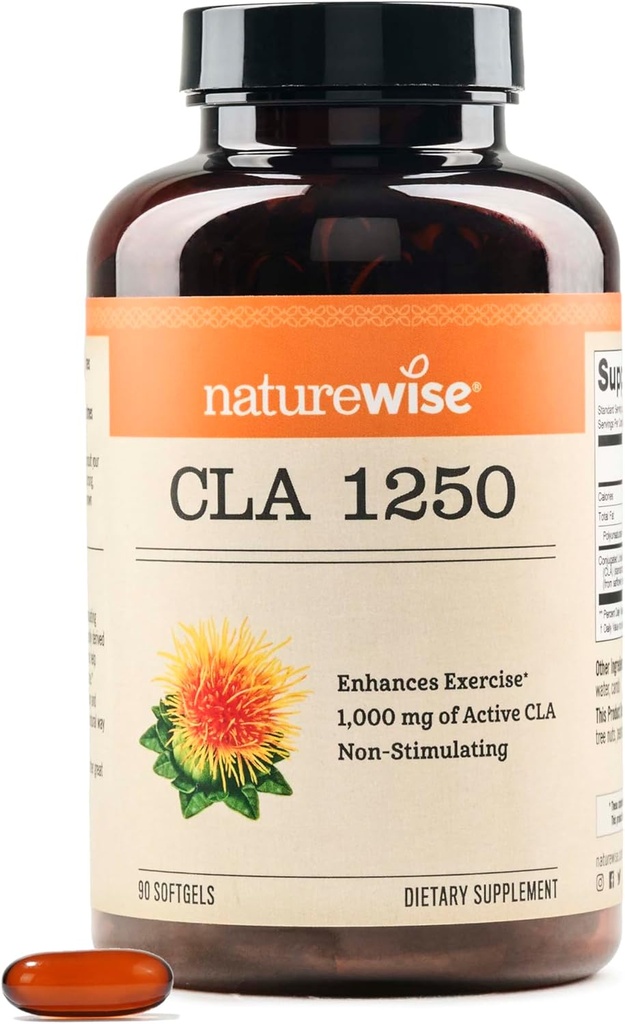 NatureWise CLA 1250 - Conjugated Linoleic Acid Supplement for Women and Men, Not stimulating, Supports Healthy Weight, Fitness Goals - Non-GMO, Gluten Free - 90 Softgels[1-Month Supply]