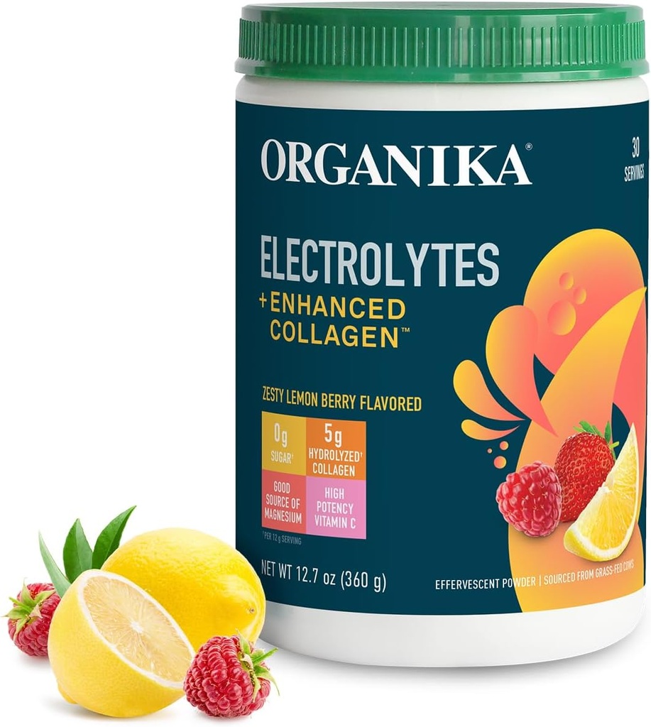 Organikа Ηλεκτρολύτες με Ενισχυμένη σκόνη κολλαγόνου για γυναίκες & άνδρες - 13 oz - Zesty Lemon Berry-Flavored Αναβρασμό Ηλεκτρολύτη & Collagen Drink Mix - Βαθύ ενυδατικό, Κινητικότητα, Δέρμα, Μαλλιά, & Καρφάκια