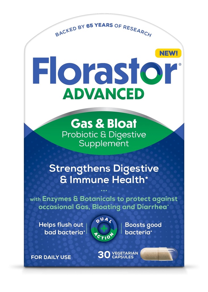 Florastor Advanced Gas and Bloat Probiotic, Digestive Enzymes and Botanicals, Plus Probiotics for Digestive Health, 30 Κάψουλες