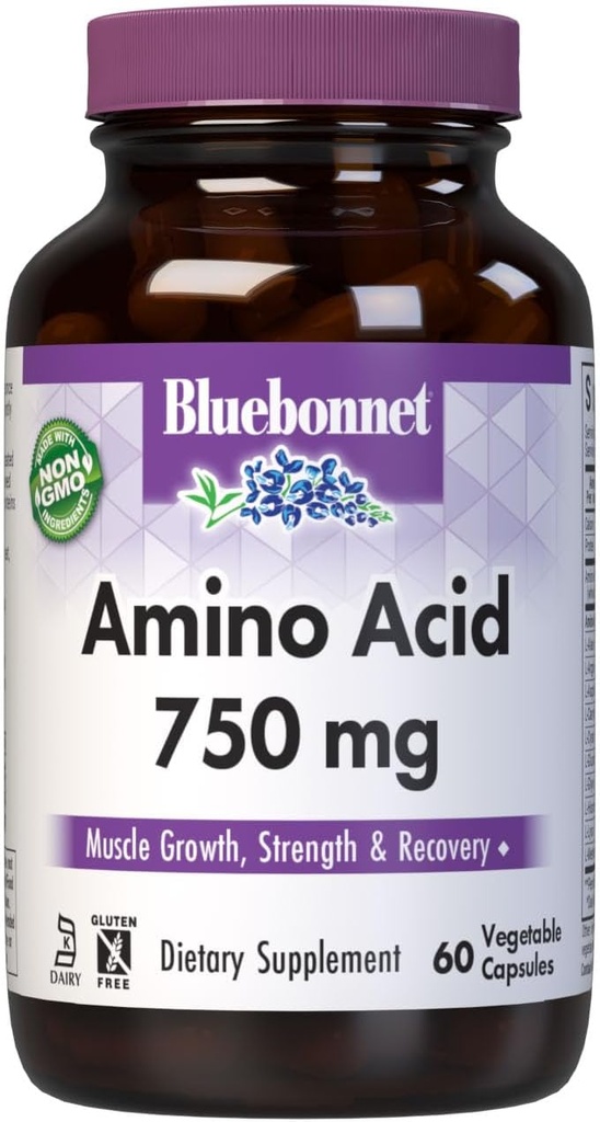 Bluebonnet Nutrition Amino Acid 750mg, Υψηλή ισχύς, για την υγεία των μυών*, χωρίς σόγια, χωρίς γλουτένη, μη ΓΤΟ, Kosher Dairy, Λευκό 60 κάψουλες λαχανικών, 15 εξυπηρετούν