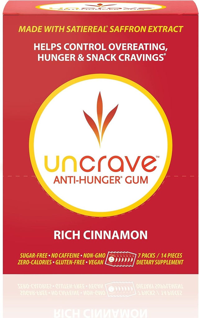 UNCRAVE Gum - Infused with 100% Pure Saffron Extract – Control Cravings - Improve Mood - Vision Health - Rich Cinnamon (14 Pieces)