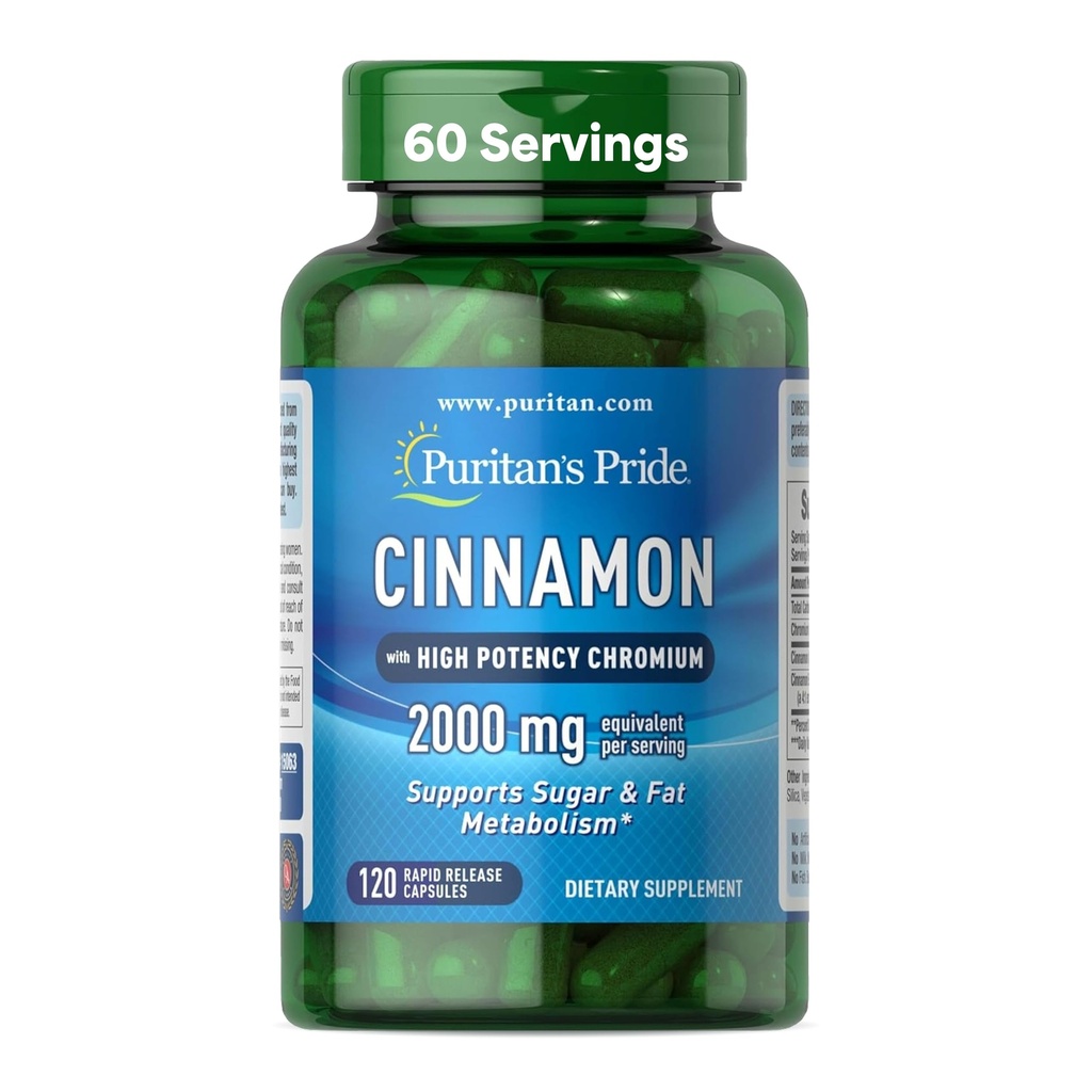 Puritan's Pride Cinnamon 875 mg with High Potency Chromium, Supports Sugar, Fat, and Healthy Nutrient Metabolism, Cellular Energy, 2 Month Supply, 120 Rapid Release Capsules