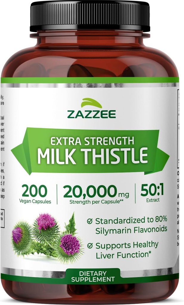 Zazzee Organic Milk Thistle 50:1 Extract, 20.000 mg Δύναμη, 200 Vegan Κάψουλες, 80% Silymarin Flavonoids, Πάνω από 6 μήνες προσφοράς, Standardized και συμπυκνωμένο 50X εκχύλισμα, όλα-φυσικά και μη-GMO