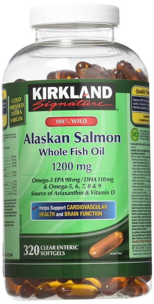 Kirkland Υπογραφή 100% Wild Alaskan Salmon Oil 90 EPA 110 DHA 1200mg - 320 Enteric Coated Softgels