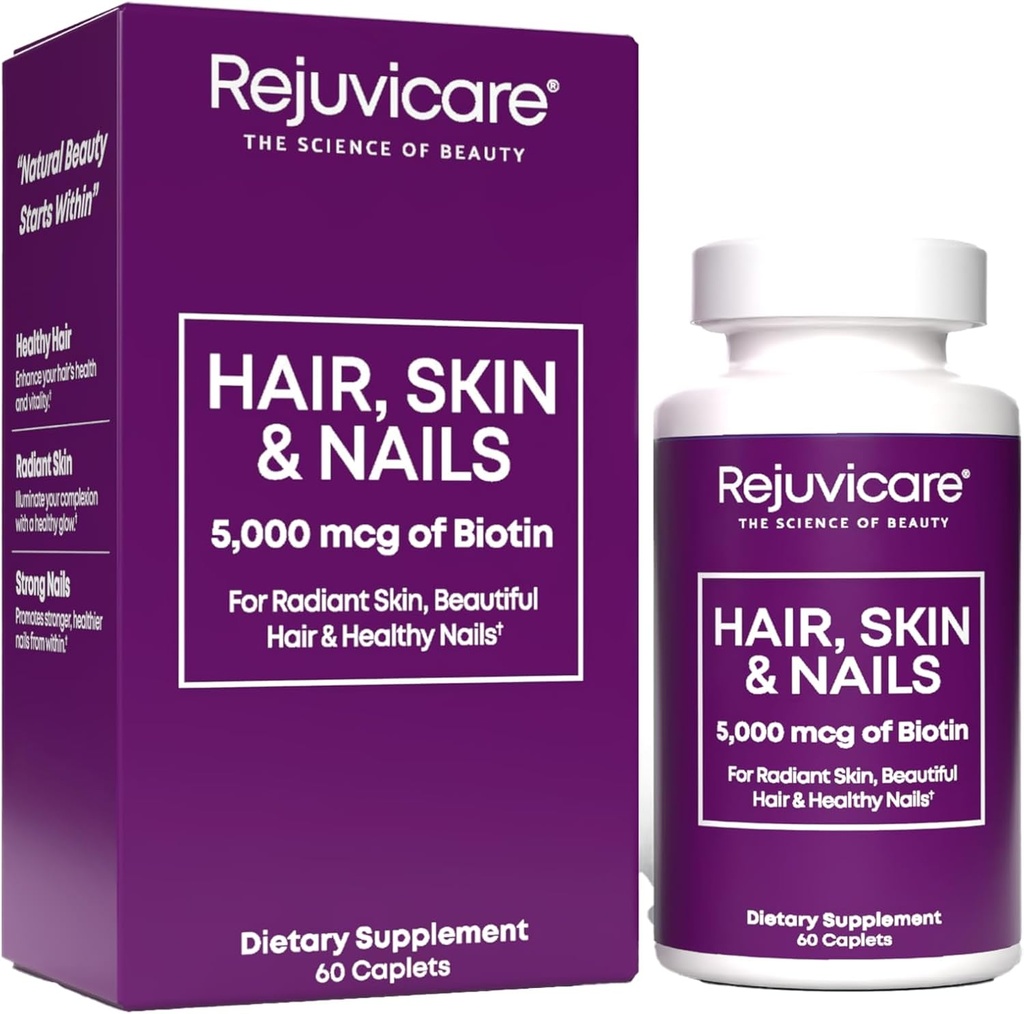 Δέρμα και νύχια μαλλιών, Hair Growth Support, Healthy Skin & Nails, Βιοτίνη, Βιταμίνες B1, B2, B3, B6 & B7 + B1, Υποστηρίζει υγιή μαλλιά, Radiant Skin and Strong Nails, Vegan, 60 Caplets