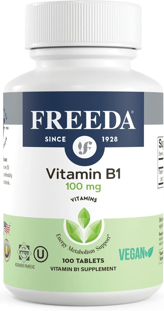 Freeda Vitamin B1 Thiamine 100mg - Υποστηρίζει το μεταβολισμό της ενέργειας, την υγεία του νευρικού συστήματος - Kosher, Vegan, Χωρίς γλουτένη - Thiamin HCl 100 mg Βιταμίνη B 1 - Pure Vit B1 Vitamin Thiamine B1 συμπλήρωμα (100 Ct)