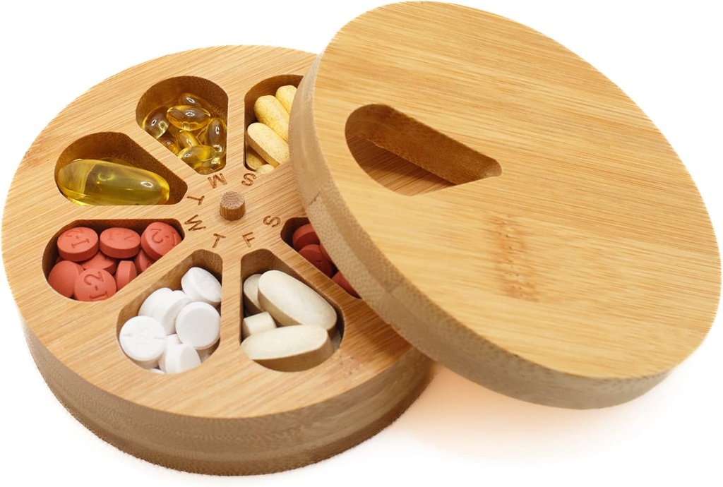 Medicine Organizer Wood Daily Weekly, Travel Pill Organizer and Pill Holder, Vitamin Medicine Pill Organizer Case Box, Pill Box Day, Βελτιωμένο Σχεδιασμός με Ημέρες της Εβδομάδας και Solid Ξύλο Lid
