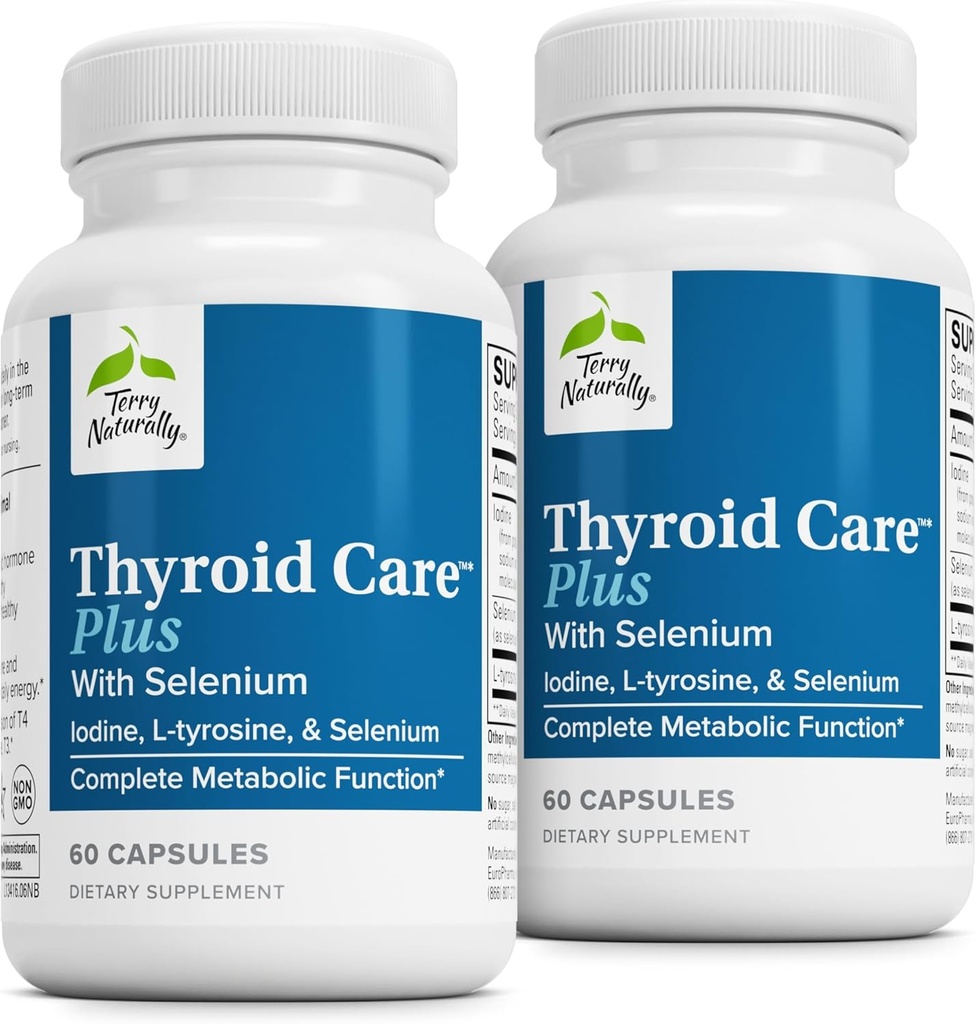 Terry Φυσικά Thyroid Care Plus - Συμπλήρωμα για να βοηθήσει Thyroid - Συμπλήρωμα διατροφής για την ενεργειακή & υγιή υποστήριξη μαλλιών - Συμπλήρωμα με L-Τυροσίνη & Σελήνιο - 60 κάψουλες (2 Συσκευασία)