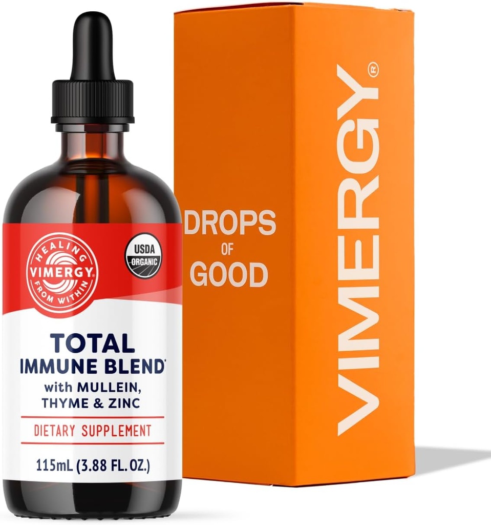 Vimergy Total Immune Blend* Liquid Supplement, 57 Servings Fast-Absorbing Immune Support – All-Season, Zinc, Thyme and Mullein Drops Non-GMO, Vegan, USDA Organic, Υποστήριξη Ανοσίας για Ενήλικες (115 mL)