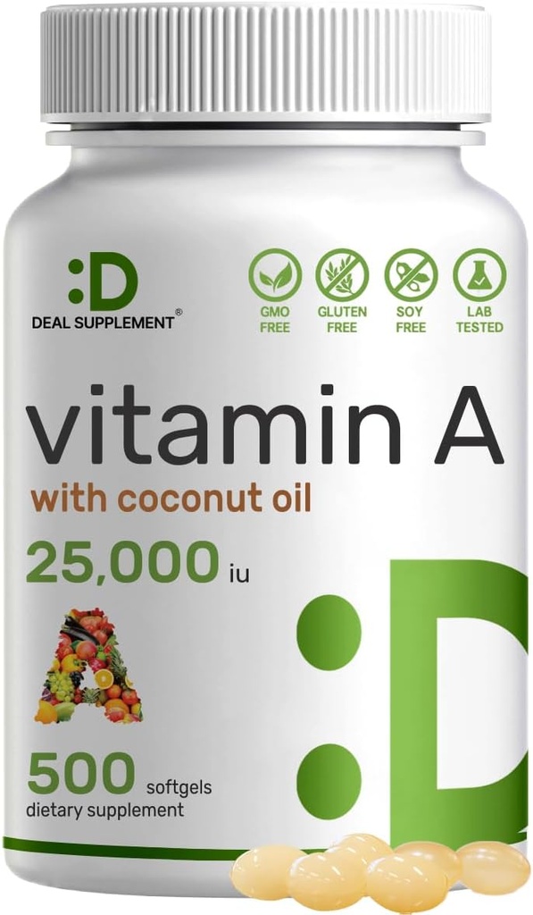 ΛΕΠΤΟΜΕΡΗΣ ΣΥΜΠΛΗΡΩΜΑ Βιταμίνη Α 25000 IU, 500 Coconut Oil Softgels 