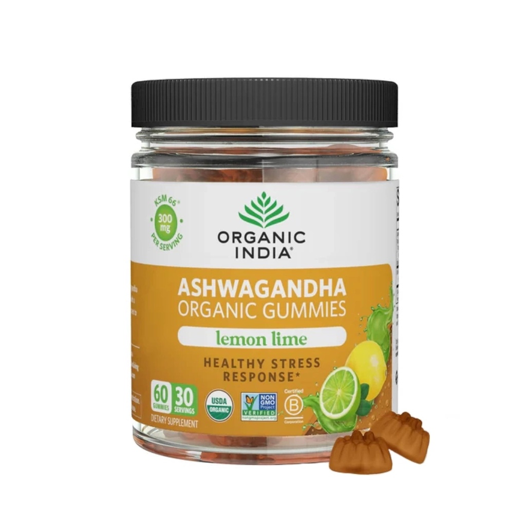 ORGANIC INDIA Ashwagandha Gummies for Men & Women - Συμπλήρωμα στρες, KSM-66 Ashwagandha Root, Extra Strength, Calm Chews, Vegan, Non-GMO - Lime λεμόνι, 60 Gummies