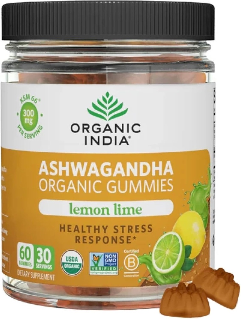 ORGANIC INDIA Ashwagandha Gummies for Men & Women - Συμπλήρωμα στρες, KSM-66 Ashwagandha Root, Extra Strength, Calm Chews, Vegan, Non-GMO - Lime λεμόνι, 60 Gummies