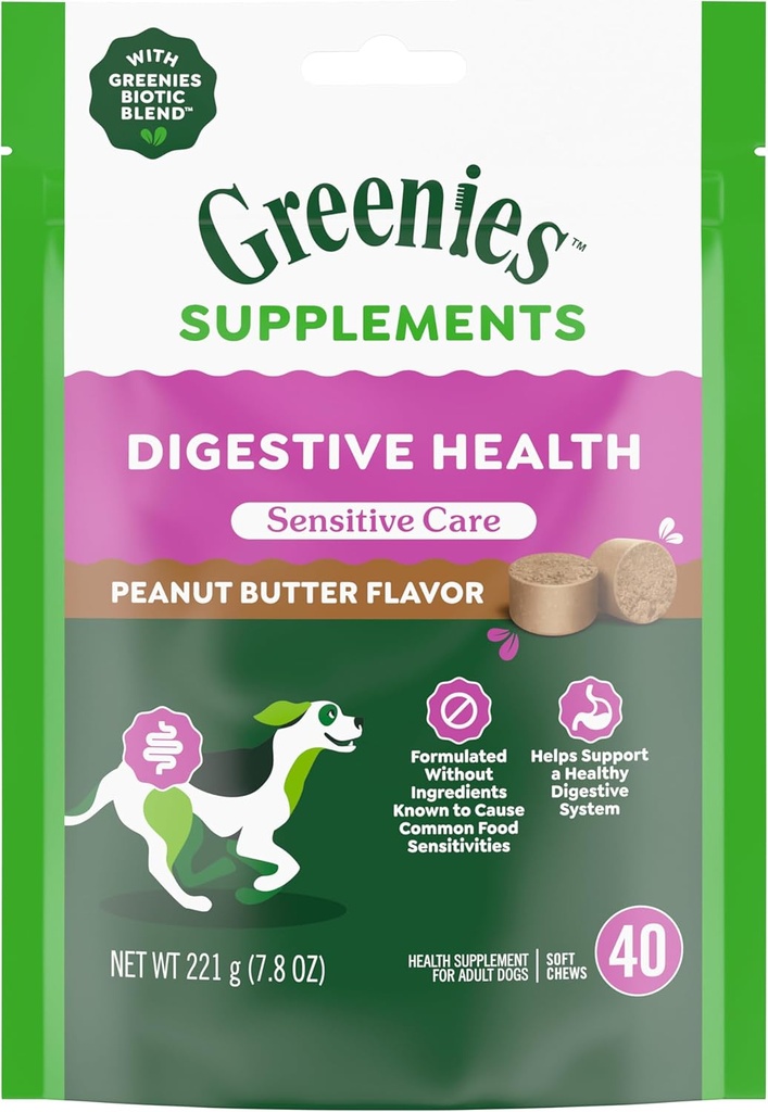 Greenies Ευαίσθητη φροντίδα Digestive Health Dog Supplement Φόρμουλα χωρίς κοτόπουλο, με προβιοτικό για σκύλους, φυστικοβούτυρο Γεύση, 40 Count Pouch