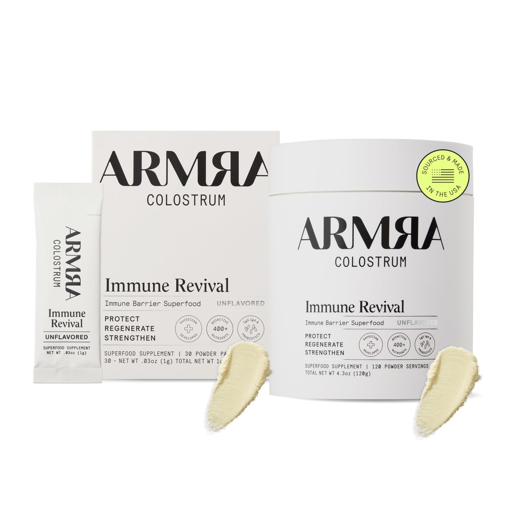 ARMRA ColostrumTM Premium Powder, Grass Fed, Gut Health Bloating Ανοσία Δέρμα & Μαλλιά, Περιέχει 400+ Βιοενεργά θρεπτικά συστατικά, Keto, Γλουτένη & Λίπος Χωρίς (Unflaved Bundle 