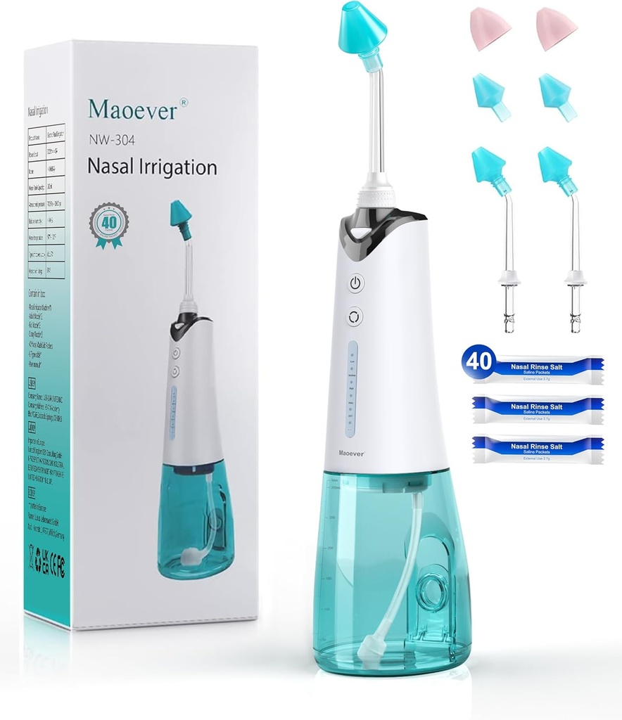 Nasal Irrigation System, Cordless Nasal Rinse Machine for Sinus Relief & Nasal Care, Electric Neti Pot with 6 Tips and 40 Salt Packs Nasal Irrigation Sinus Rinse System Kit for Adult & Kid