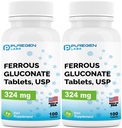 Puregen Labs Ferrous Gluconate 324 mg [Υψηλή Ικανότητα] Συμπλήρωμα σιδήρου, Απαλό στο στομάχι 2 Συσκευασία - 200 δισκία Σύνολο