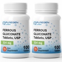 Puregen Labs Ferrous Gluconate 324 mg [Υψηλή Ικανότητα] Συμπλήρωμα σιδήρου, Απαλό στο στομάχι 2 Συσκευασία - 200 δισκία Σύνολο