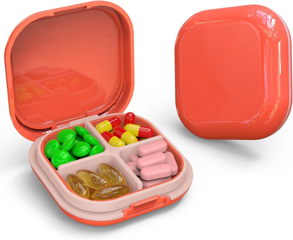 Daily Pill Organizer 4 Διαμερίσματα, Μικρό κουτί χάπια Φορητή θήκη ταξιδιών, Mini Pill Container για Pocket Purse, Compact Travel Medicine Organizer για βιταμίνη, Cod Liver Oil, Συμπλήρωμα (Pink)