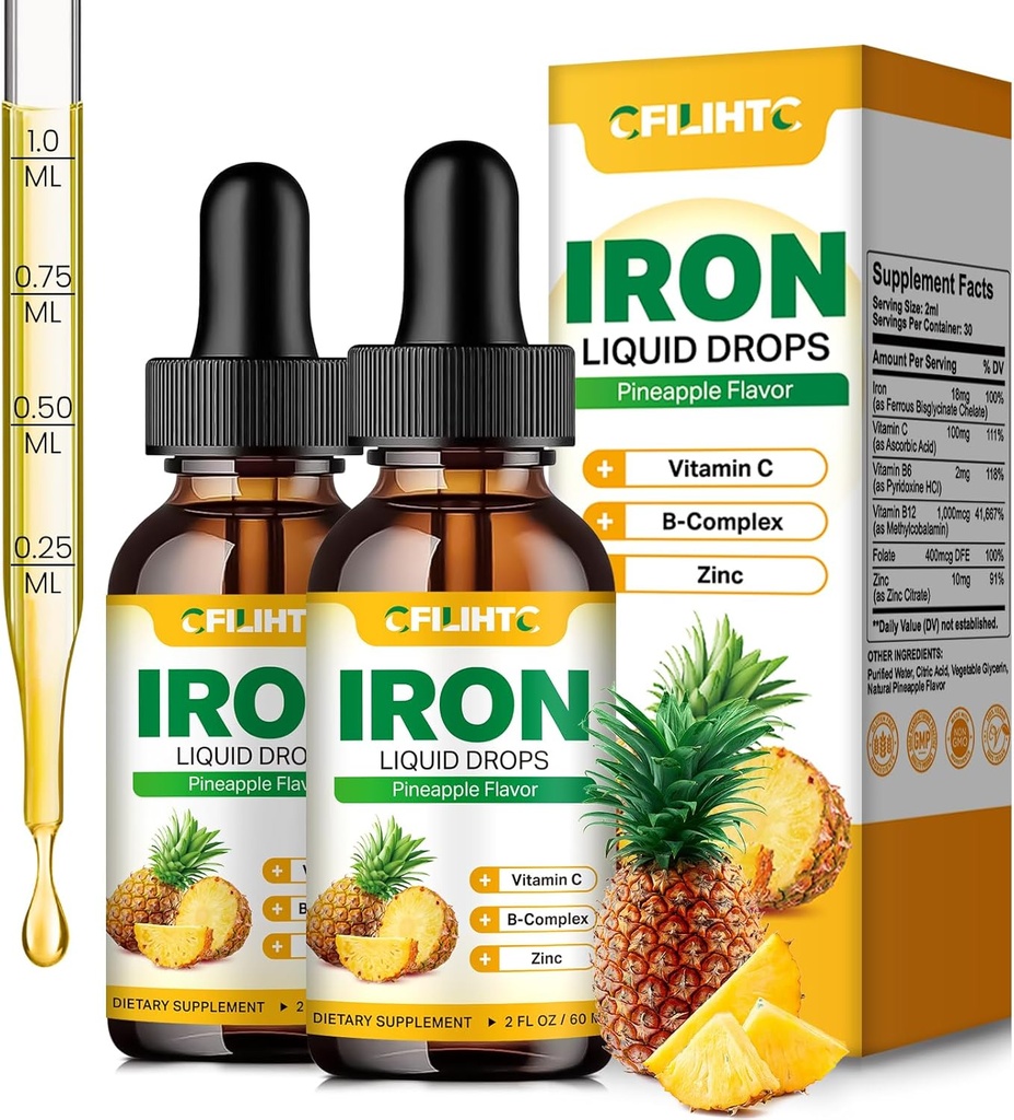 Liquid Iron Supplement for Women Men & Kids Multivitamin Iron Drops with Folate, Vitamin C, B6, B12, Zinc for Anemia, Iron Deficiency, Blood Builder, Energy - Natural Pineapple Flavor, Vegan 4 Fl Oz