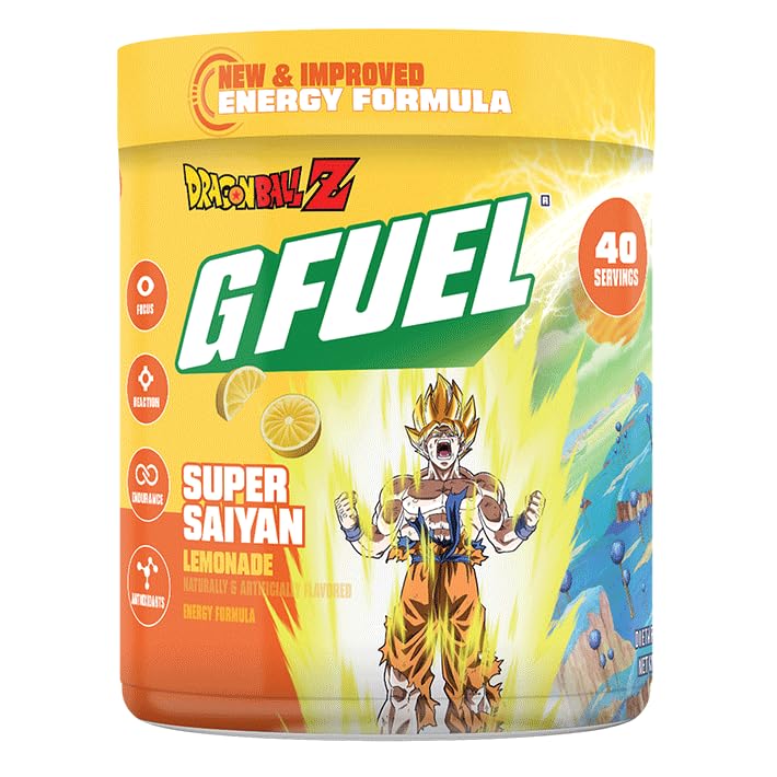 G Fuel Dragon Ball Z Energy Drink Powder, Pre Workout Caffeine Mix for Gaming, Sugar Free Focus Amino, Vitamin + Antioxidants, 9.9oz (Lemonade, 40 Servings)