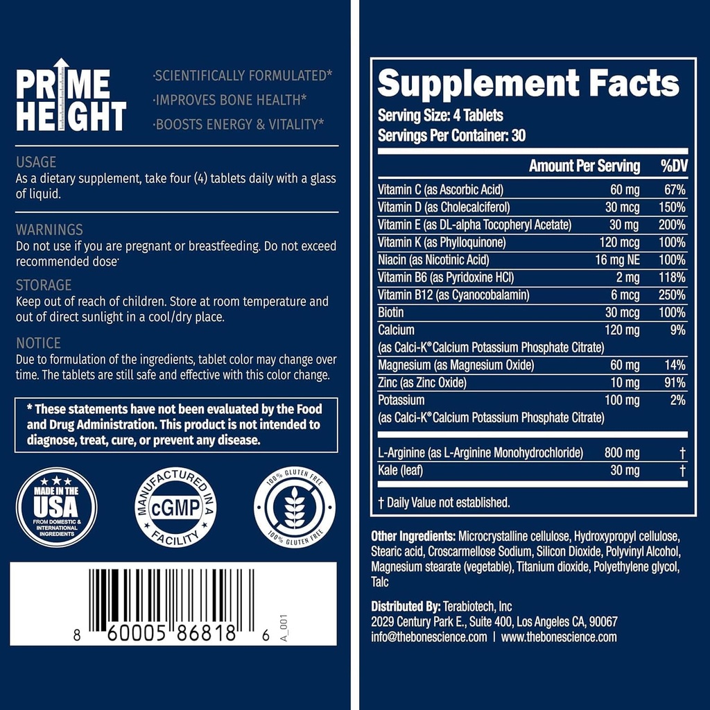 BONE SCIENCE - Prime Height Bone & Joint Formula - Συμπλήρωμα Φυσικής Υγείας για Παιδιά, Έφηβοι & Ενήλικες, Ενέργεια & Ανοσολογική Υποστήριξη, Vegan, Μη ΓΤΟ - 120 δισκία
