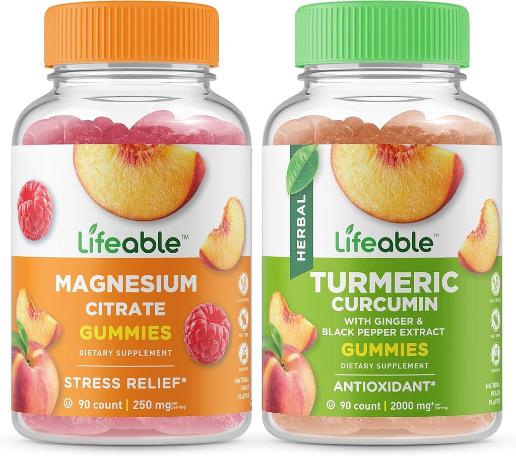 Lifeable Magnesium 85mg + Turmeric Curcumin, Gummies Bundle - Great Tasting, Vitamin Supplement, Gluten Free, GMO Free, Chewable Gummy