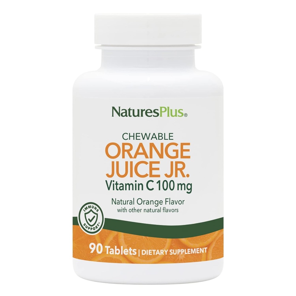 NaturesPlus Orange Juice Junior Chewable Vitamin C - 100 mg, 90 Vegetarian Tablets - Συμπλήρωμα Ανοσολογικής Υποστήριξης, Αντιοξειδωτικό - Απλό Στομάχι - Χωρίς Γλουτένη - 90 Σερβιέτες