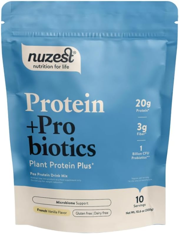 Nuzest - Πρωτεΐνη + Προβιοτικά – Υγεία των ορνίθων - Superfood Powder Plant Protein Blend - 300g / 10,6 oz Pouch (10 Servings) (Γαλλική Βανίλια, 300g)