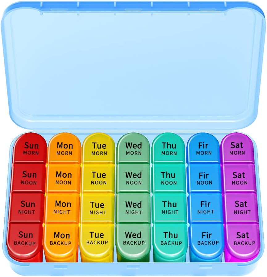 Weekly Pill Organizer, Travel Pill Box Case (7-Day / 4-Times-A-Day) with Big Compartments to Hold Plenty of Fish Oils, Vitamins, Morning noon Night Medication Dispenser (Blue)
