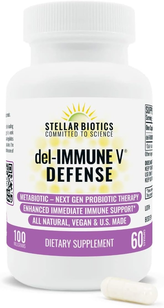 Del-Immune V® Defense by Stellar Biotics, All-Natural Immune Support & Gut Health (+) Immediate Care, Metabiotic: NextGen Probiotic Therapy (60 Caps)