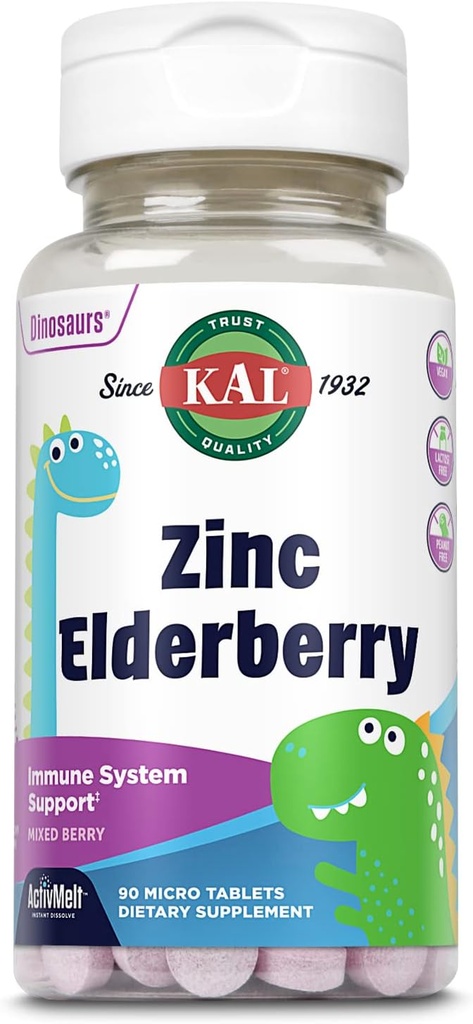 KAL Kids Zinc Elderberry Dinosaurs, συμπλήρωμα υποστήριξης του ανοσοποιητικού * για τα παιδιά w/ Sambucus Elderberry, γρήγορη διάλυση μικτή δραστηριότητα μούρωνMelts, Διασκέδαση, Νόστιμο σχήμα Ντίνο, Vegan, 90 εξυπηρετούν, 90 μικροδισκία