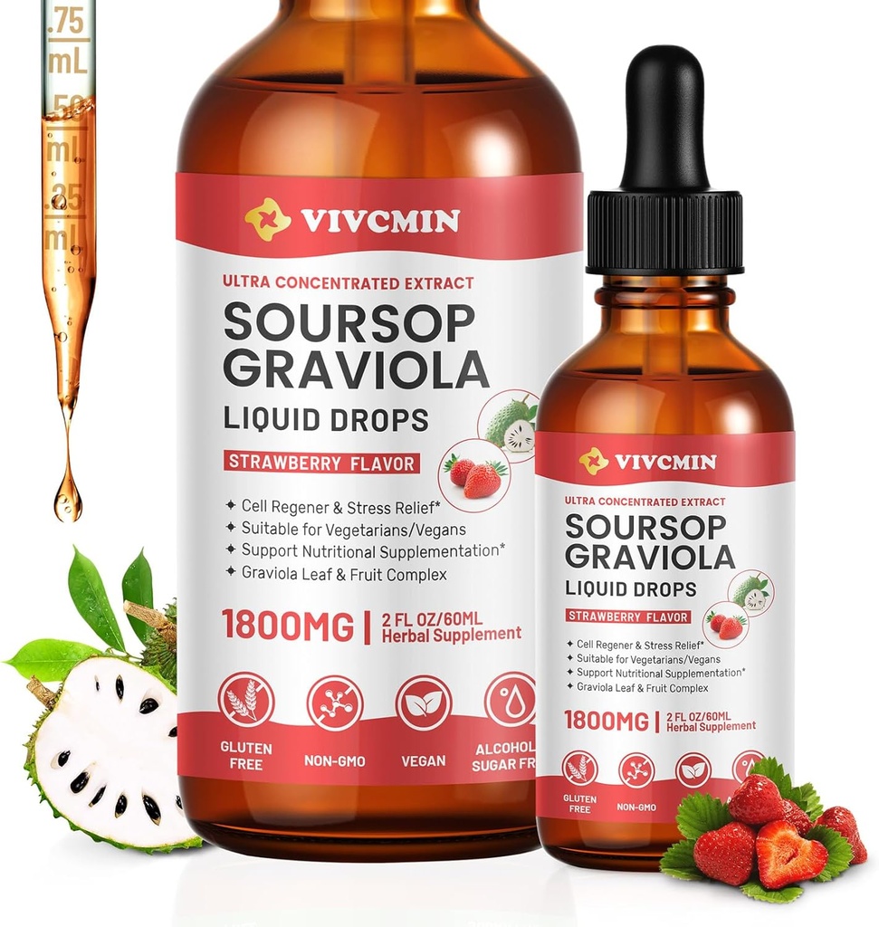 Graviola Soursop Leaf Extract Liquid - Soursop Bitters Υγρό, Υποστήριξη Ανοσοποιητικό, Χαλαρώστε, Ήπαρ και Ύπνο, Ζάχαρη & Αλκοόλ-Δωρεάν, Πολύ Απορροφήσιμη Φόρμουλα, Φρούτα Γεύσης, 2 Fl Oz