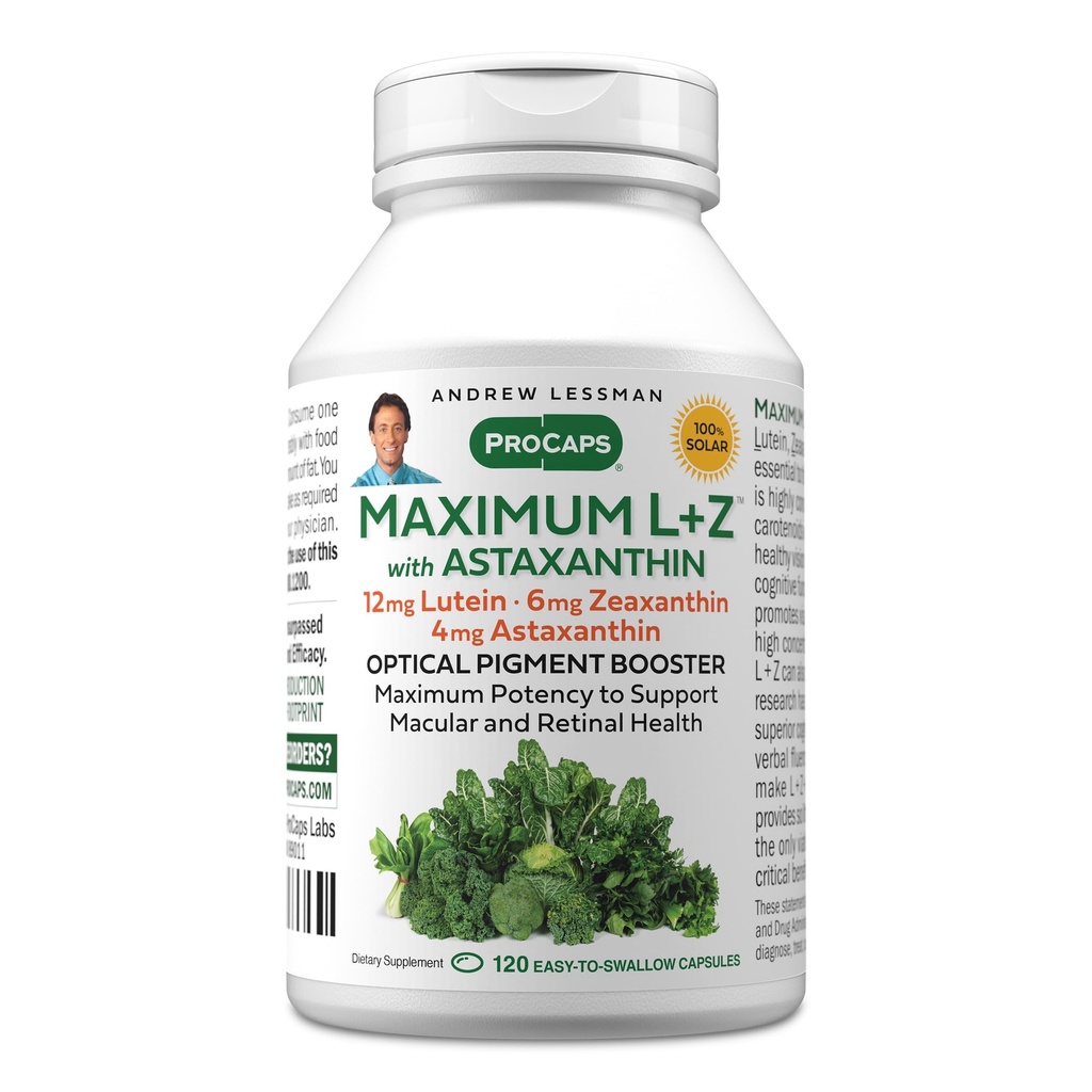 ANDREW LESSMAN Μέγιστο L+Z με Ασταξανθίνη 120 Softgels - 12mg Λουτεΐνη, 6mg Ζεαξανθίνη, 4mg Ασταξανθίνη. Βασικά θρεπτικά συστατικά για την υποστήριξη της υγείας των ματιών και του εγκεφάλου, και την προώθηση της υγιούς όρασης.