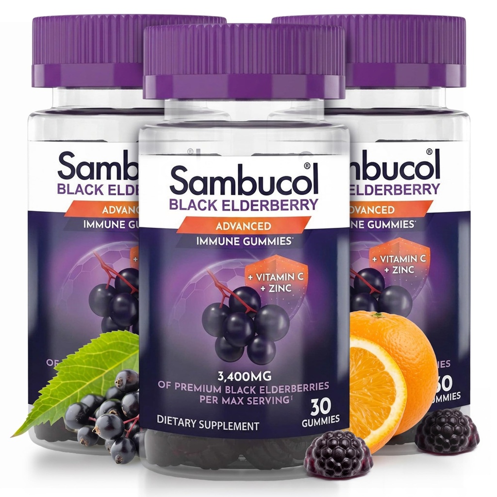 Sambucol Black Elderberry Gummies - Elderberry με ψευδάργυρο και βιταμίνη C για ενήλικες, Sambucus Elderberry Gummies, ανοσοποιητική υποστήριξη Gummies - 30 κόμης, 3 πακέτο