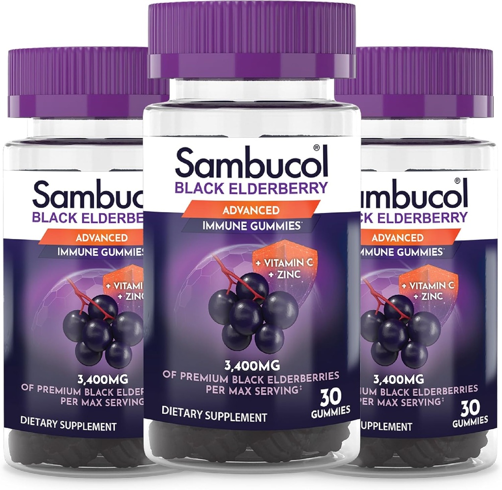 Sambucol Black Elderberry Gummies - Elderberry με ψευδάργυρο και βιταμίνη C για ενήλικες, Sambucus Elderberry Gummies, ανοσοποιητική υποστήριξη Gummies - 30 κόμης, 3 πακέτο
